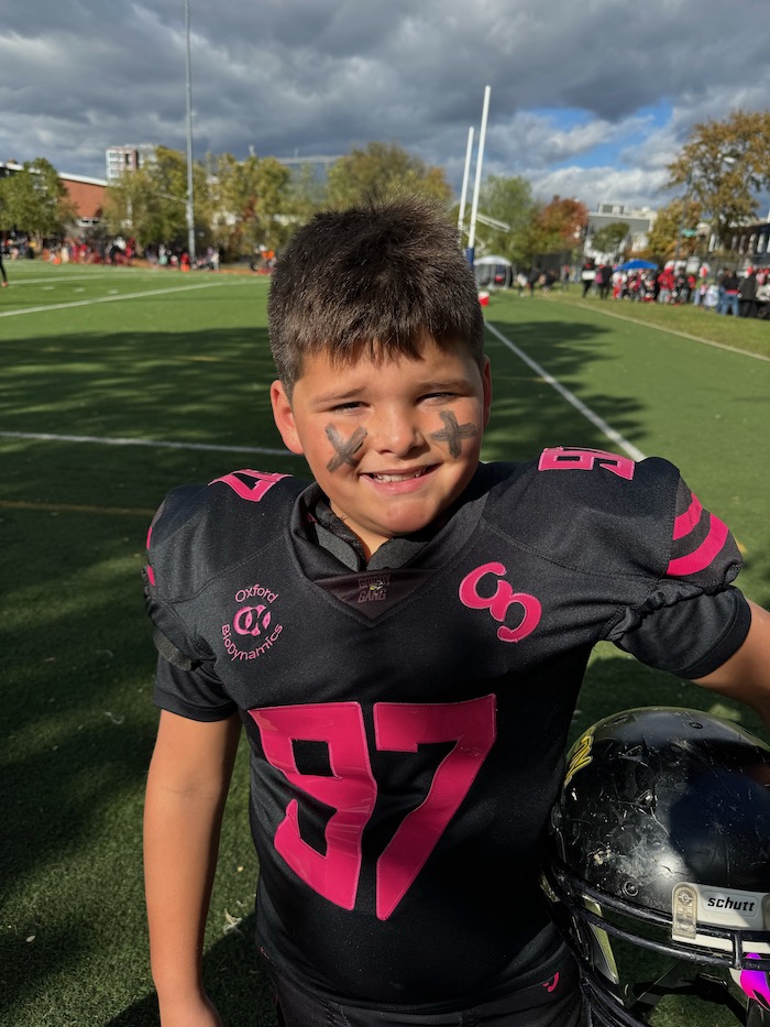 Chief's lineman, Winston, with Oxford BioDynamics logo on right breast plate.